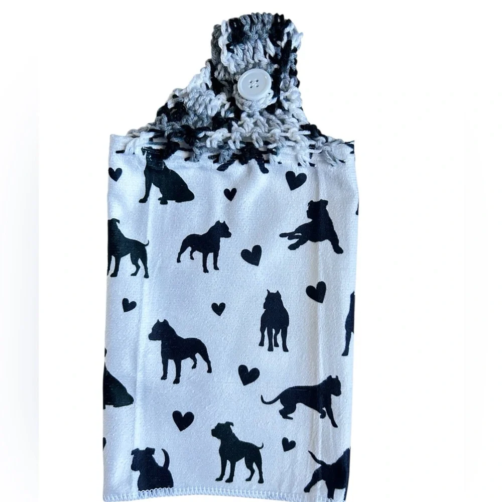 Hand Crafted Black and White Dog Pattern Pit Bull Hanging Hand Towel